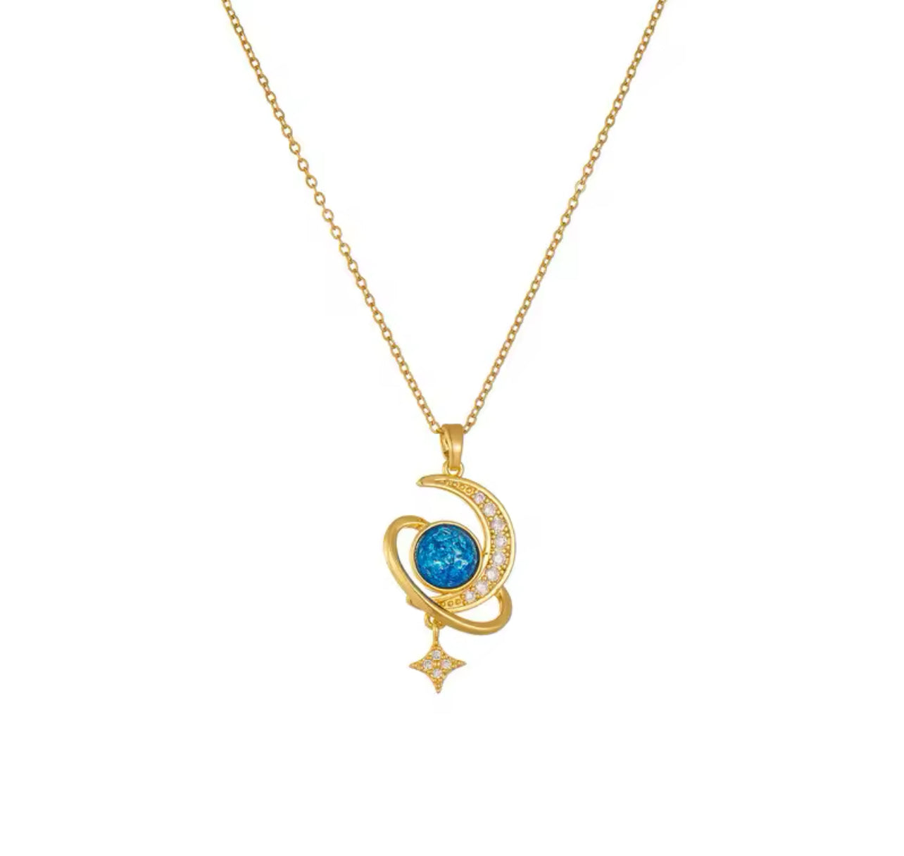COLLAR LUNA SATURNO CIELO ESTRELLADO ELEGANTE CRISTALES DE CIRCONIA