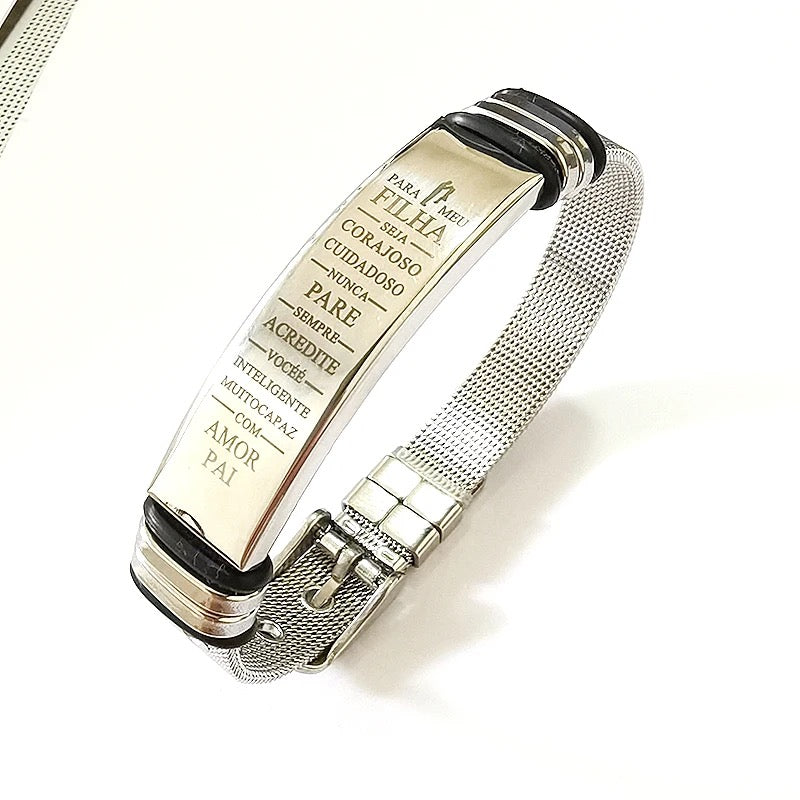 BRAZALETE DE CORREA ACERO PLACA PERSONALIZABLE PLATEADOS