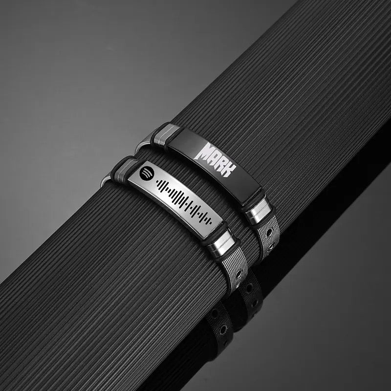 BRAZALETE DE CORREA ACERO PLACA PERSONALIZABLE PLATEADOS