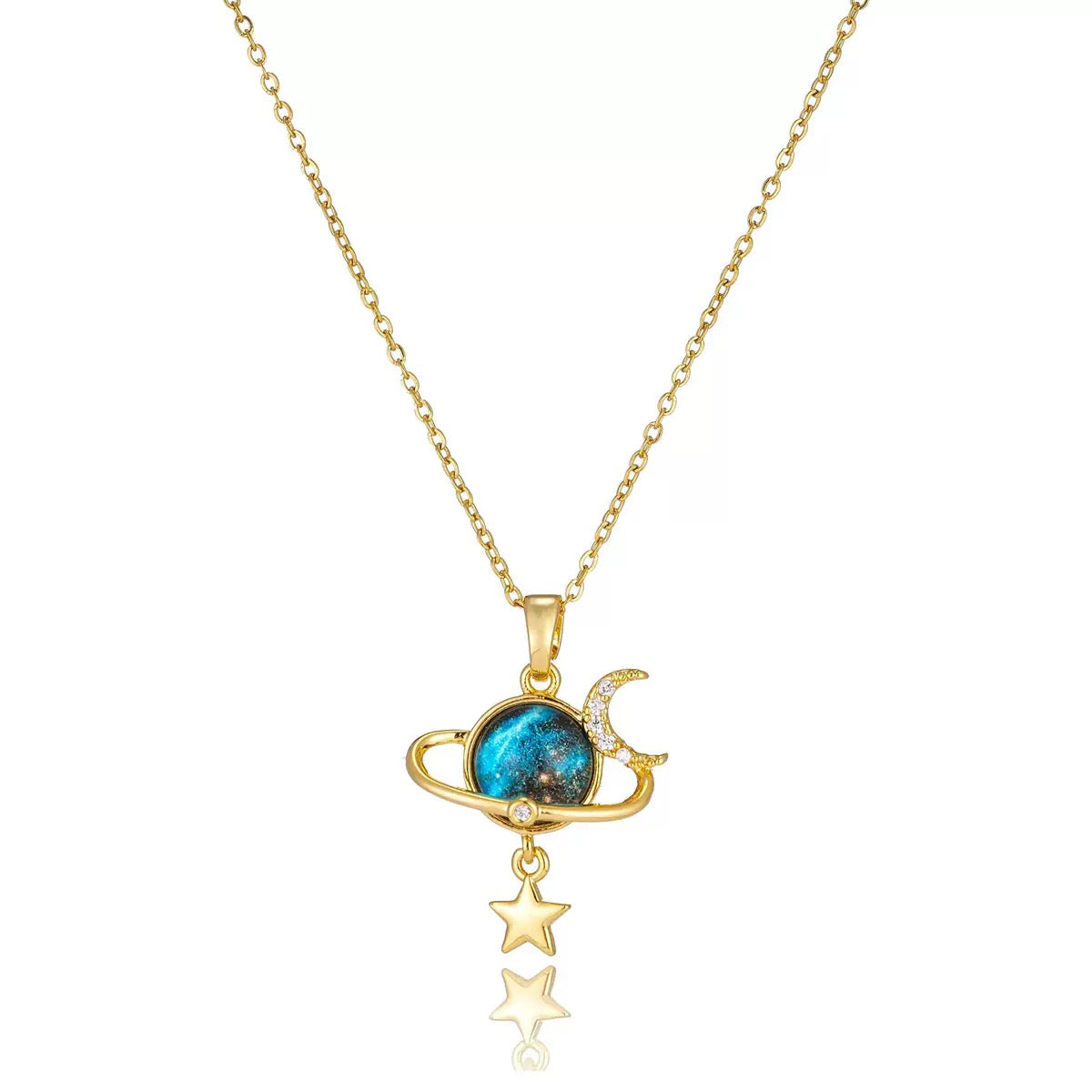 COLLAR SATURNO LUNA ESTRELLA CIELO ESTRELLADO ELEGANTE CRISTAL DE CIRCONIA