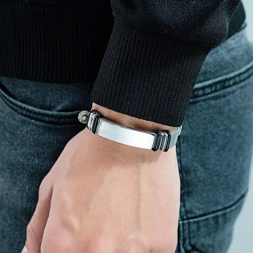 BRAZALETE DE CORREA ACERO PLACA PERSONALIZABLE PLATEADOS