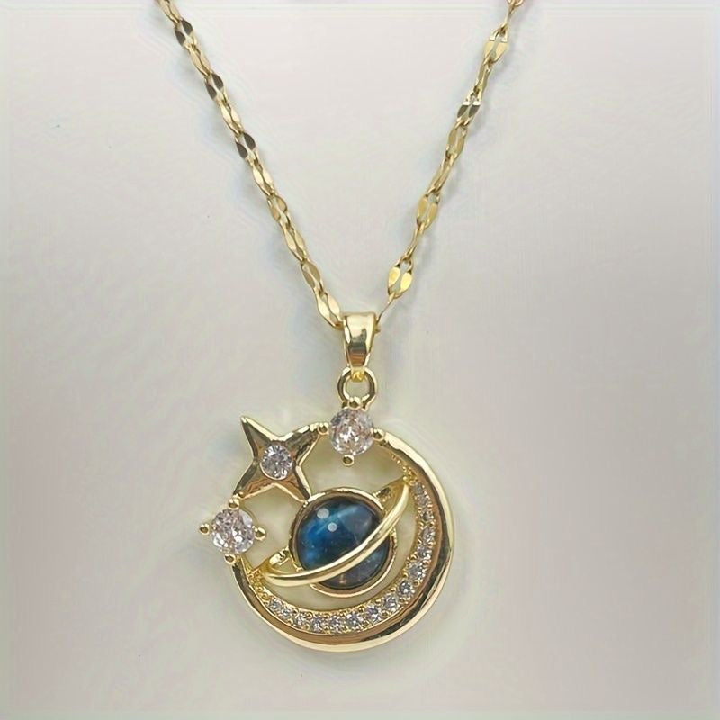 COLLAR LUNA SATURNO CIELO ESTRELLADO ELEGANTE CRISTALES DE CIRCONIA