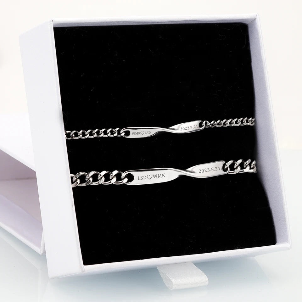 BRAZALETES SILUETAS ACERO INOXIDABLE PLACA PERSONALIZADA MINIMALISTAS PAREJA