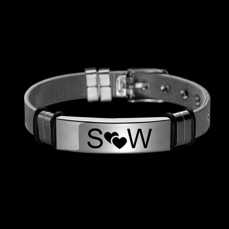 BRAZALETE DE CORREA ACERO PLACA PERSONALIZABLE PLATEADOS