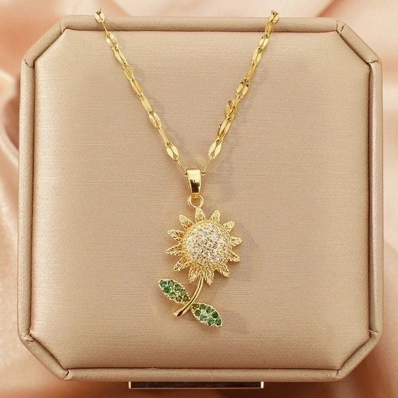 COLLAR FLOR GIRASOL CRISTALES INCRUSTADOS MINIMALISTA