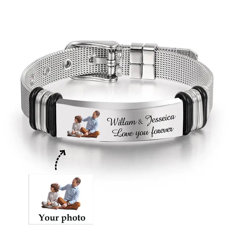 BRAZALETE DE CORREA ACERO PLACA PERSONALIZABLE PLATEADOS