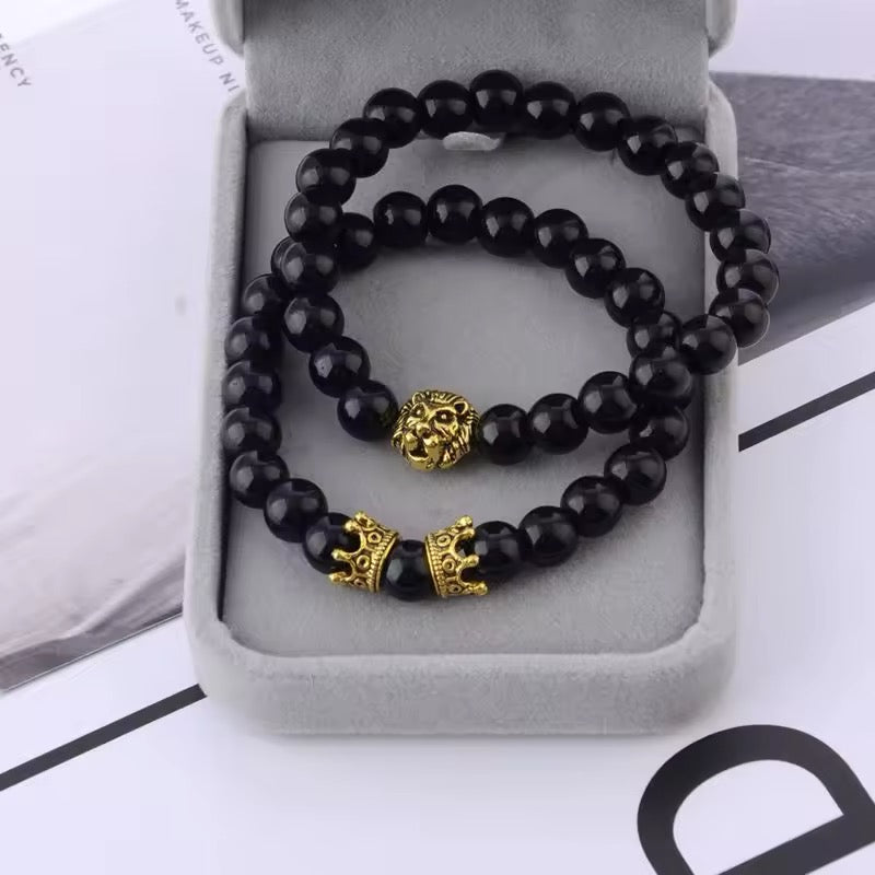 PAR DE BRAZALETES REY LEÓN PIEDRAS ÓNIX SEMIPRECIOSAS MINIMALISTAS