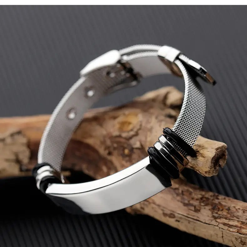 BRAZALETE DE CORREA ACERO PLACA PERSONALIZABLE PLATEADOS