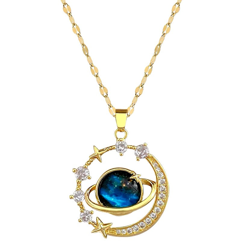 COLLAR SATURNO ENCERRADO CIELO ESTRELLADO ELEGANTE CRISTALES DE CIRCONIA