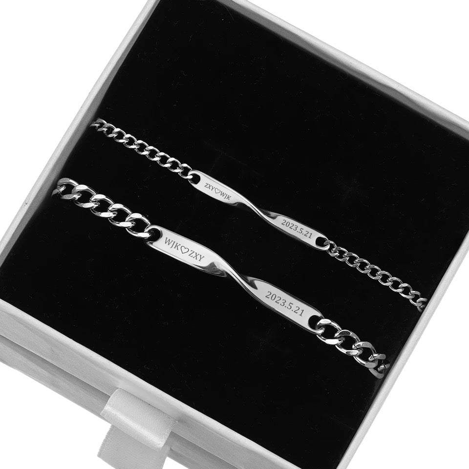 BRAZALETES SILUETAS ACERO INOXIDABLE PLACA PERSONALIZADA MINIMALISTAS PAREJA