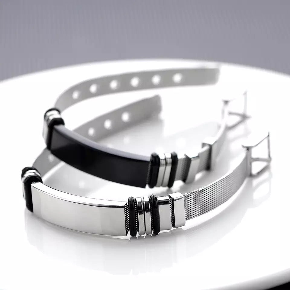 BRAZALETE DE CORREA ACERO PLACA PERSONALIZABLE PLATEADOS