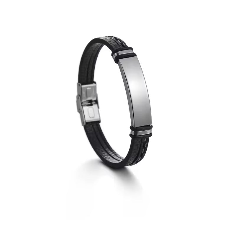 BRAZALETE LEATHER TRENZADO CON PLACA ACERO MINIMALISTA