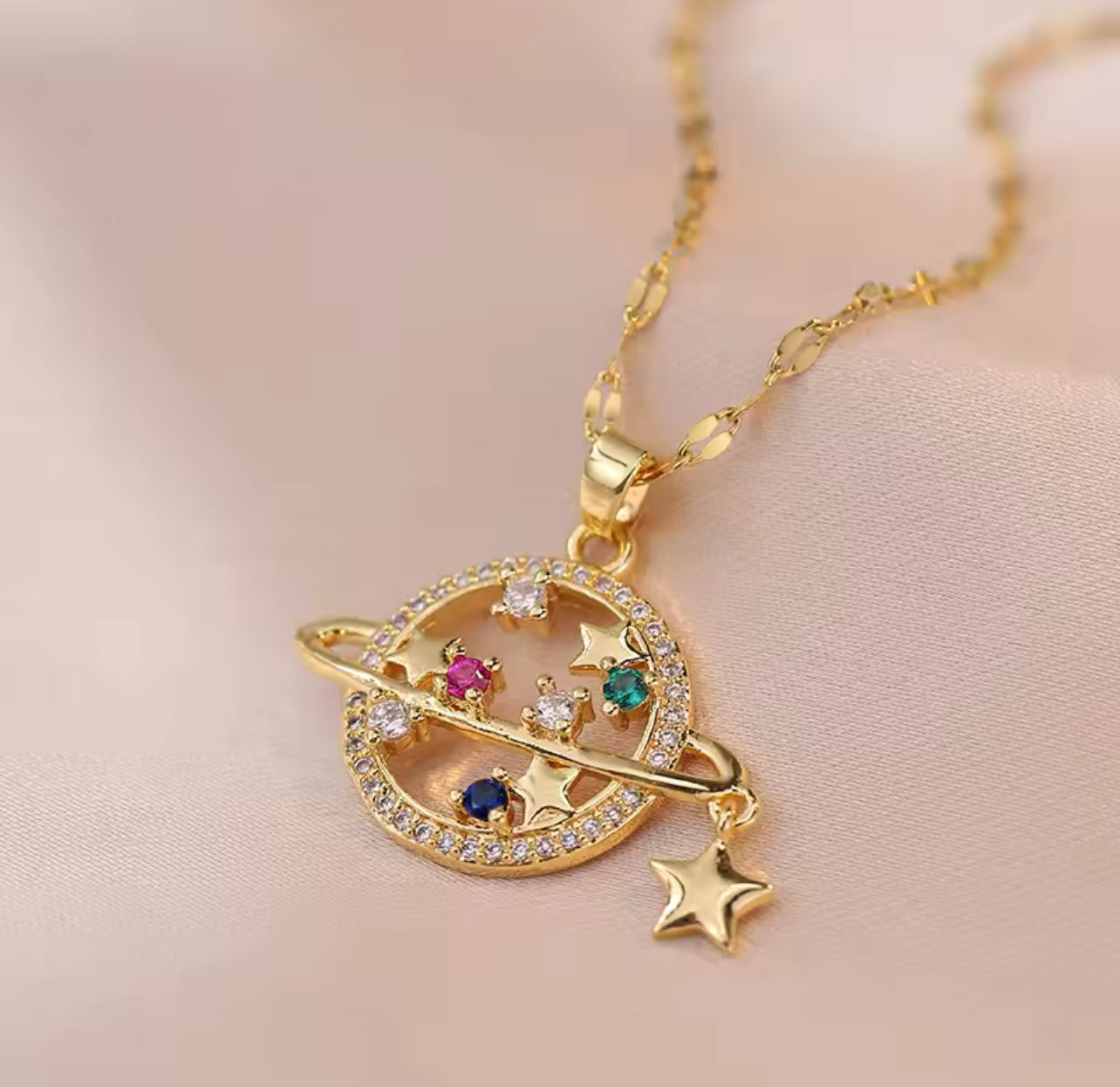 COLLAR SATURNO COLORIDO ELEGANTE CRISTAL DE CIRCONIA