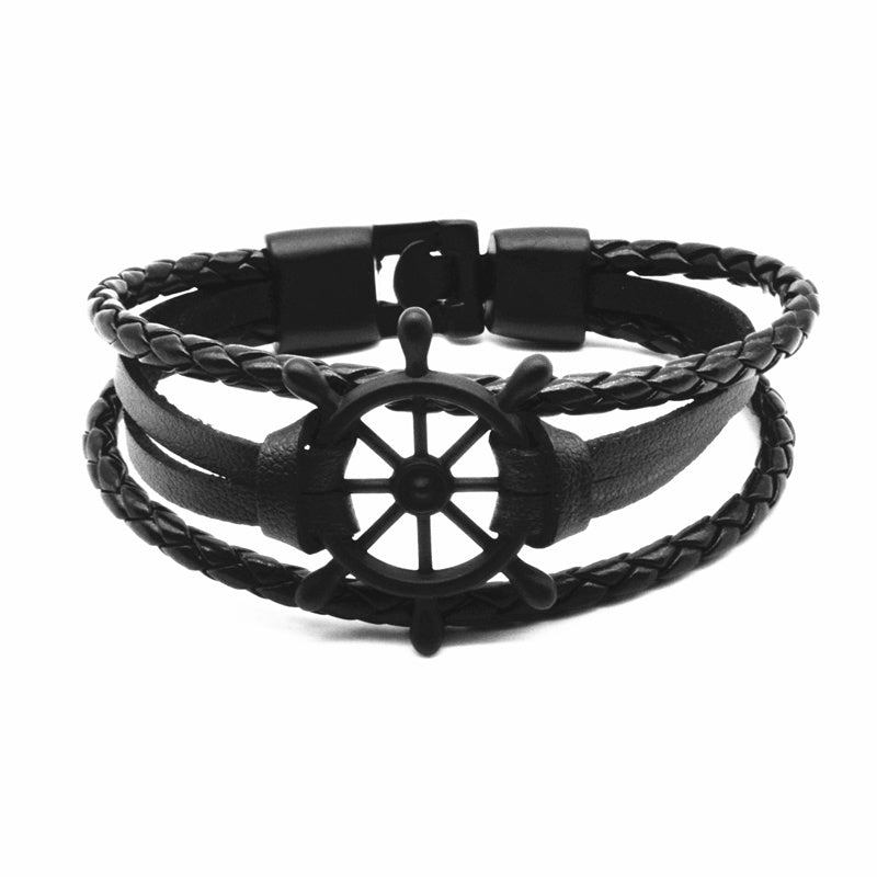BRAZALETE TIMÓN ACERO Y CUERO