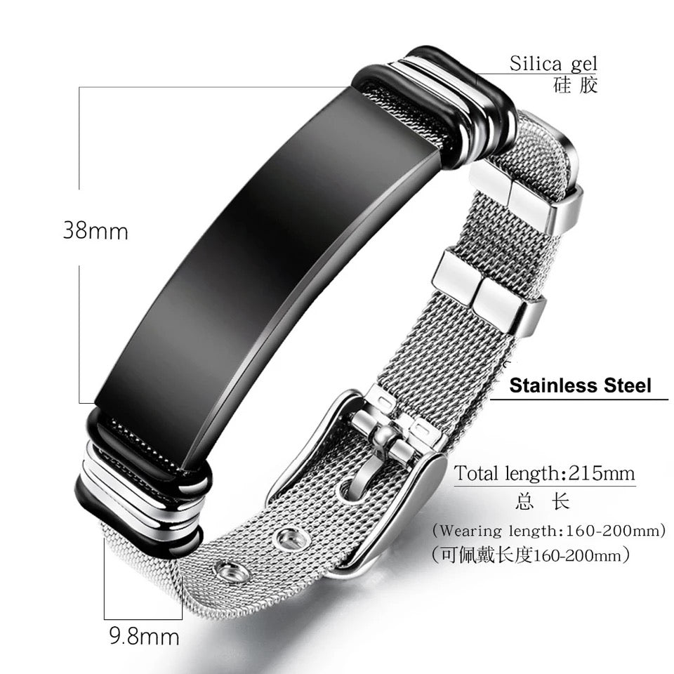 BRAZALETE DE CORREA ACERO PLACA PERSONALIZABLE PLATEADOS