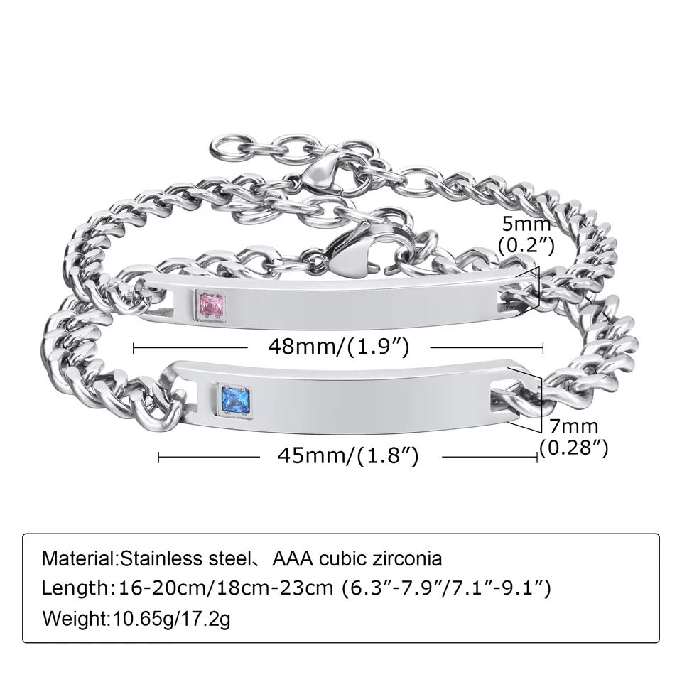 BRAZALETES ACERO INOXIDABLE & CIRCONIA PLACA PERSONALIZADAS MINIMALISTAS PAREJA