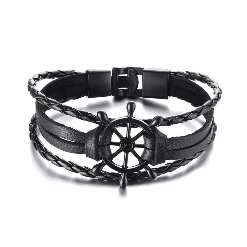 BRAZALETE TIMÓN ACERO Y CUERO