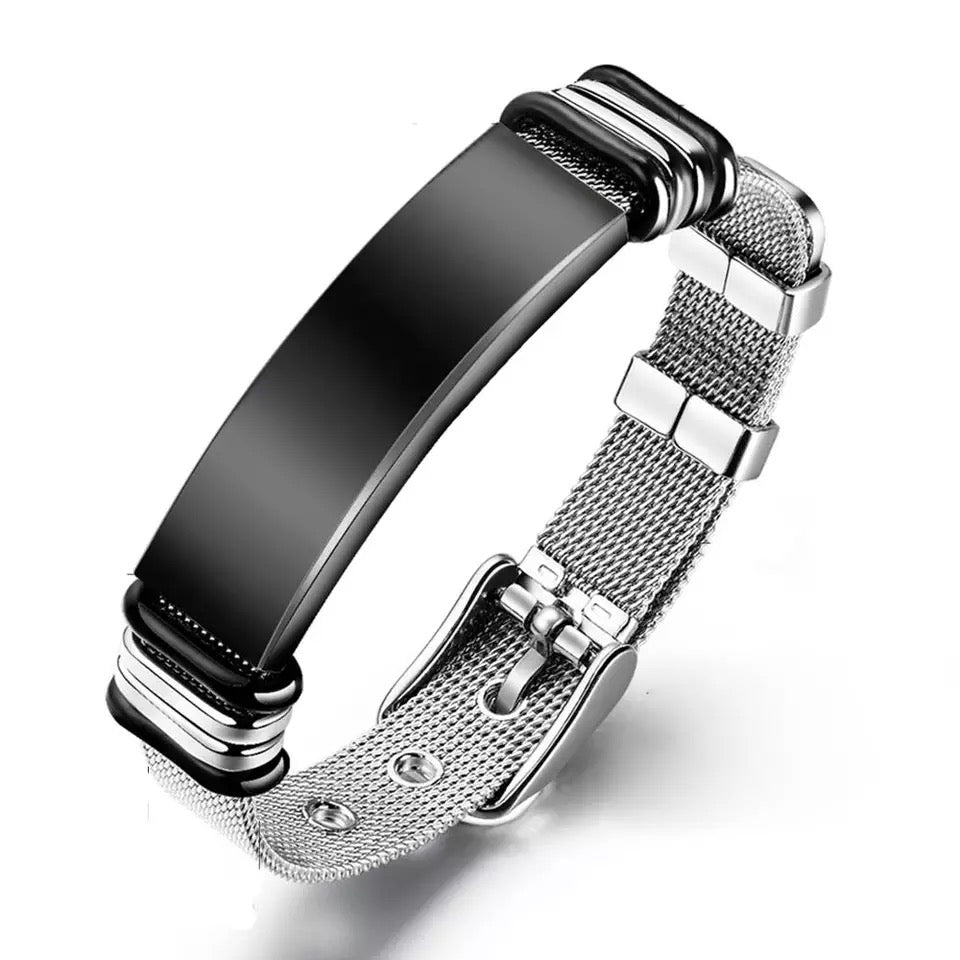BRAZALETE DE CORREA ACERO PLACA PERSONALIZABLE PLATEADOS