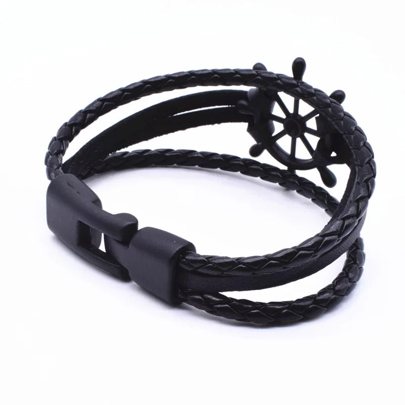 BRAZALETE TIMÓN ACERO Y CUERO