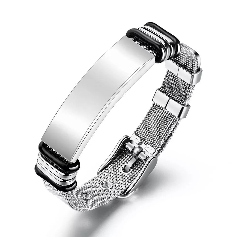 BRAZALETE DE CORREA ACERO PLACA PERSONALIZABLE PLATEADOS