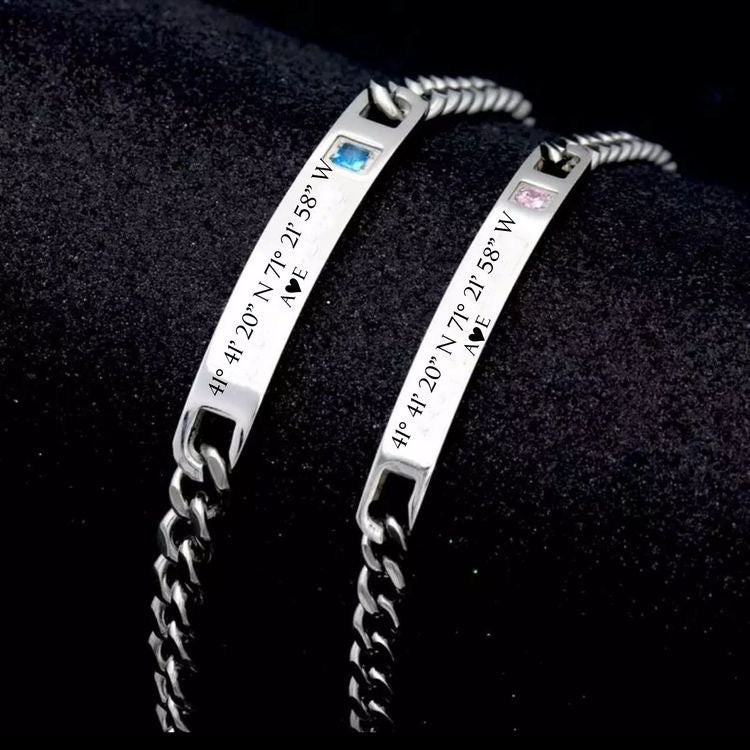 BRAZALETES ACERO INOXIDABLE & CIRCONIA PLACA PERSONALIZADAS MINIMALISTAS PAREJA