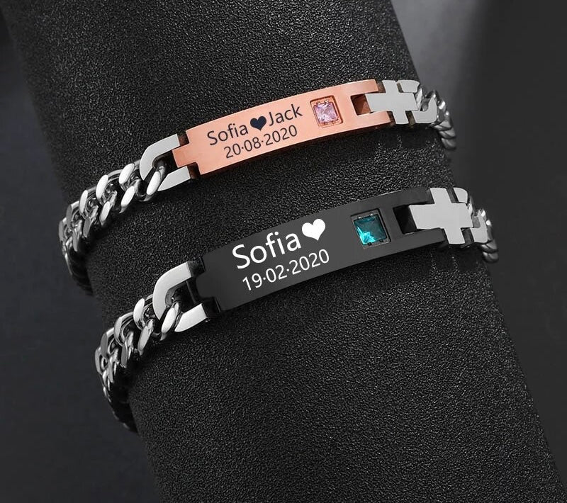 BRAZALETES EN PAREJA PERSONALIZABLE CIRCONIA CÚBICA
