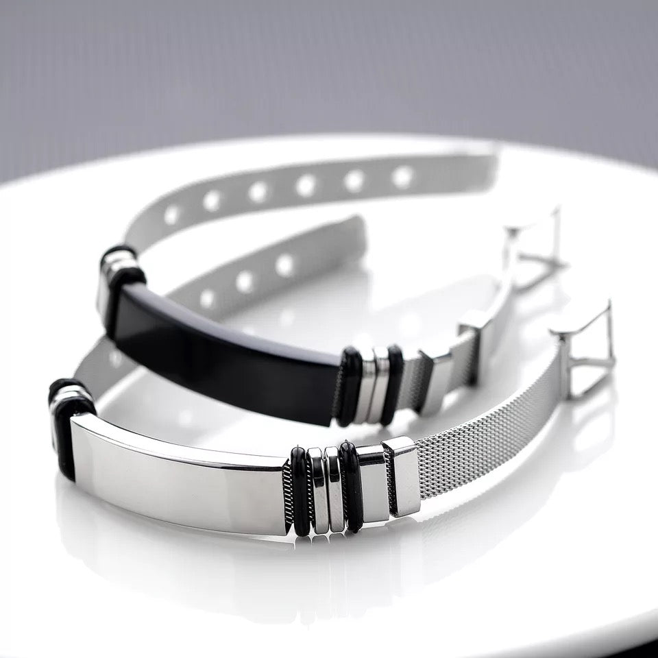 BRAZALETE DE CORREA ACERO PLACA PERSONALIZABLE PLATEADOS