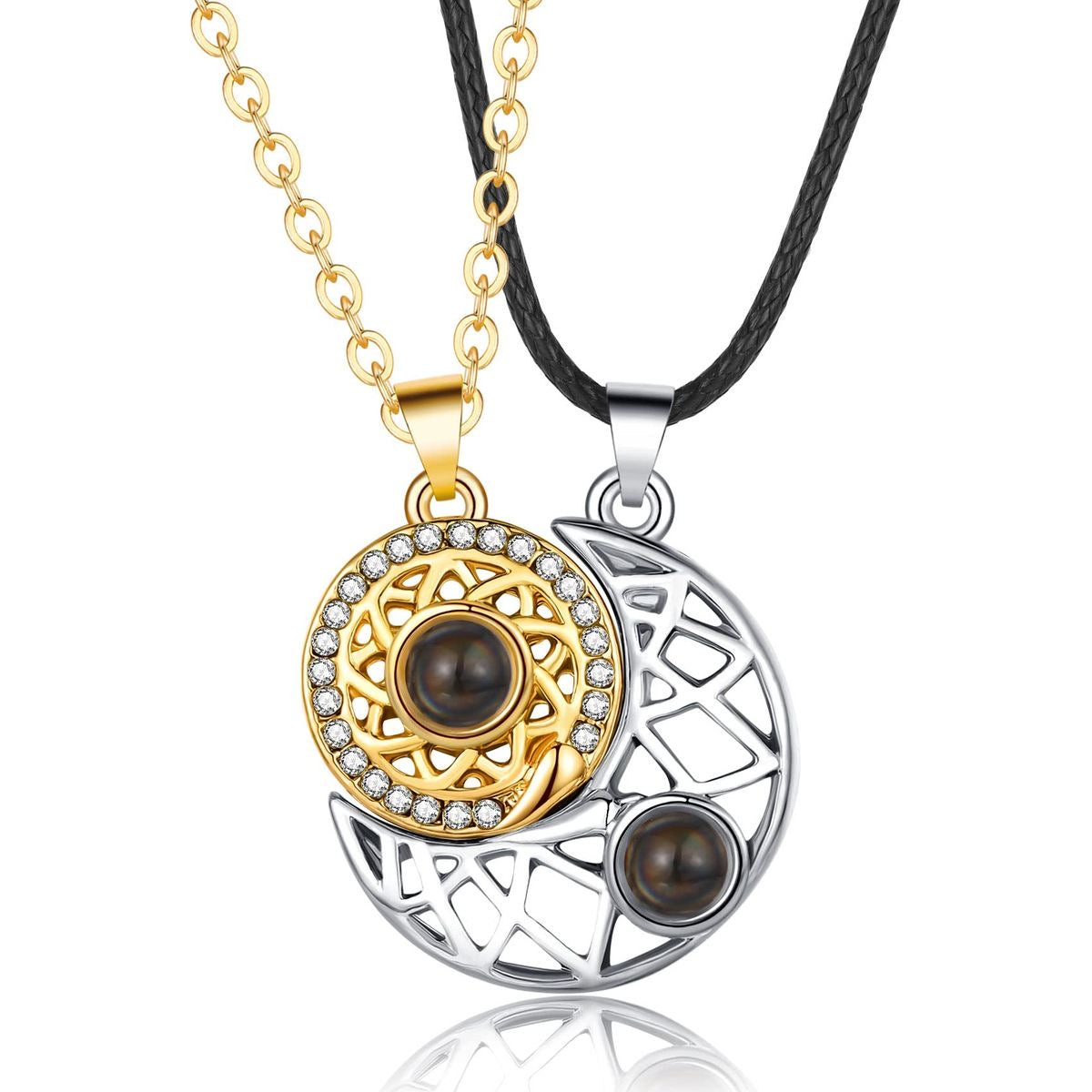 COLLARES MAGNÉTICOS DE IMÁN SOL & LUNA REFLEJAN TE AMO EN 100 IDIOMAS