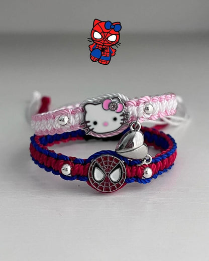 BRAZALETES TEJIDOS PAREJA SPIDERMAN Y HELLO KITTY  CON IMÁN MAGNÉTICOS