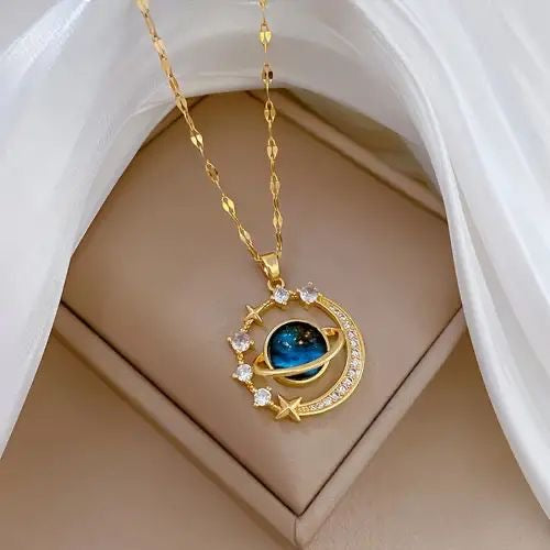 COLLAR SATURNO  ENCERRADO CIELO ESTRELLADO ELEGANTE CRISTALES DE CIRCONIA