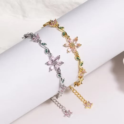 BRAZALETE  FLOR DE CEREZO  DELICADO CRISTALES DE ZIRCONIA ELEGANTE