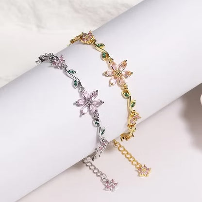 BRAZALETE  FLOR DE CEREZO  DELICADO CRISTALES DE ZIRCONIA ELEGANTE