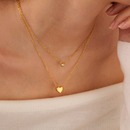 COLLAR DOBLE CAPA CORAZON SOLIDO & CRISTAL MINIMALISTA