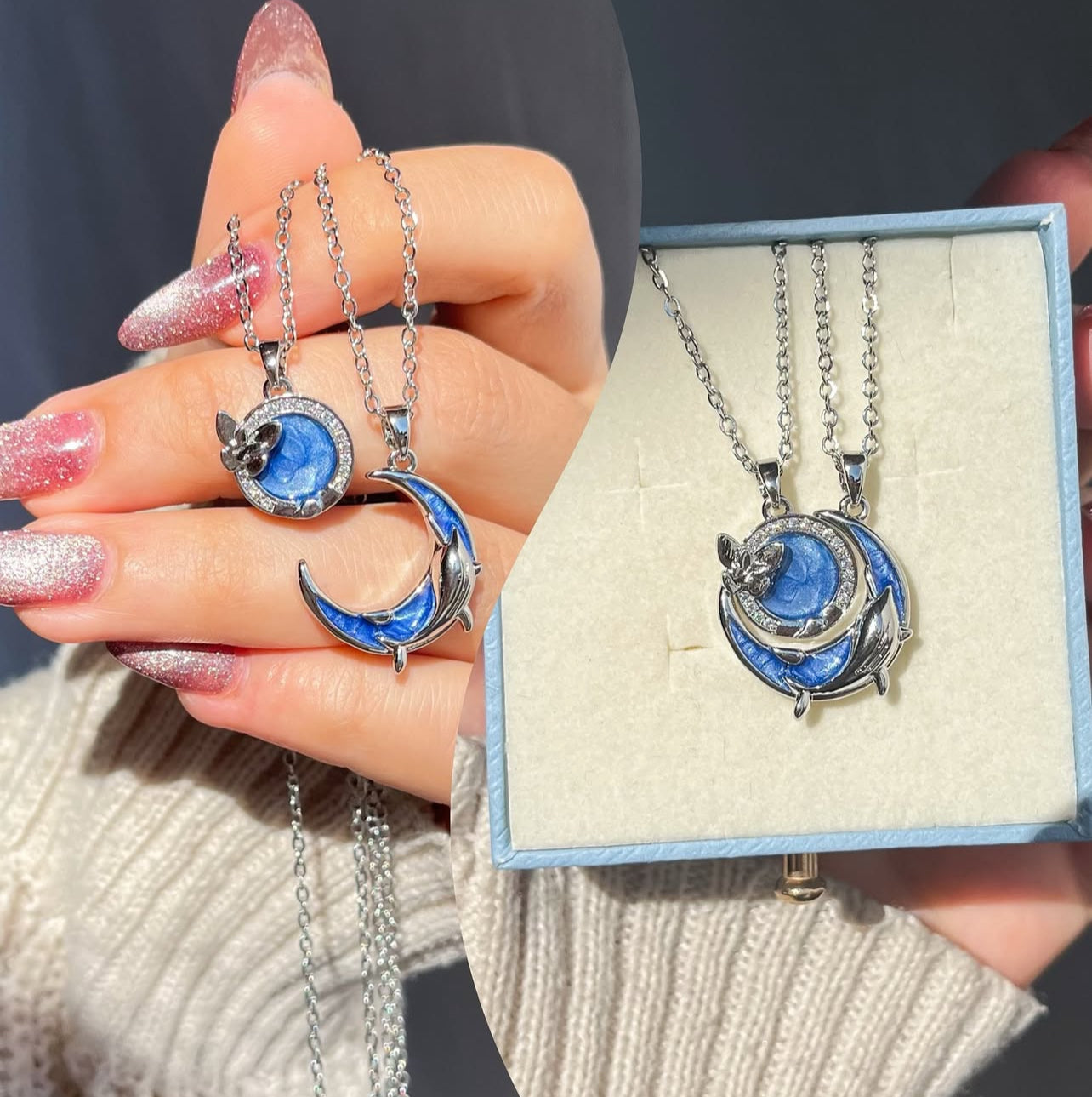 COLLARES  PROMESA  BALLENA Y MARIPOSA  CELESTIAL EFECTO ÓLEO