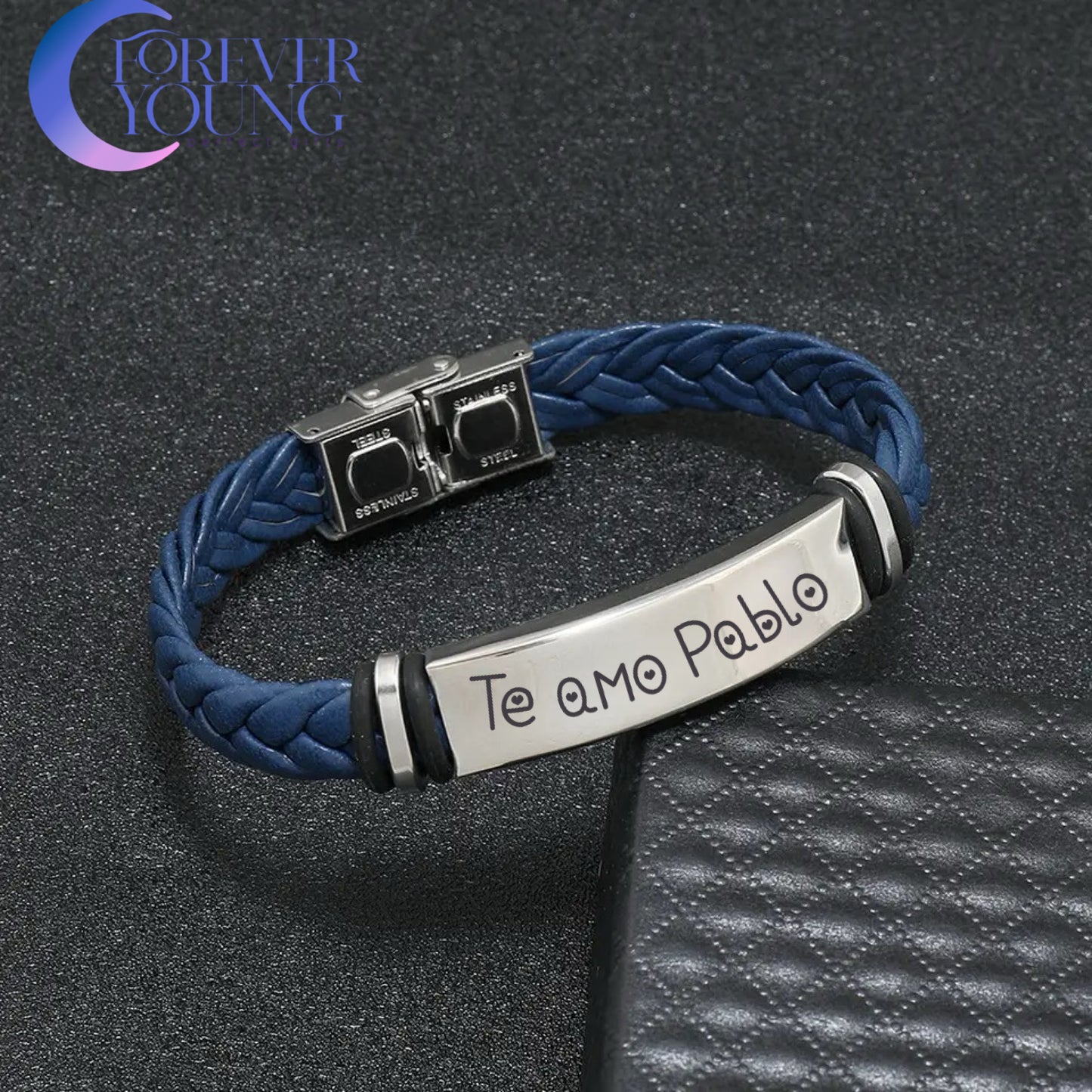 BRAZALETE LEATHER TRENZADO PLACA DE ACERO LAMINADO