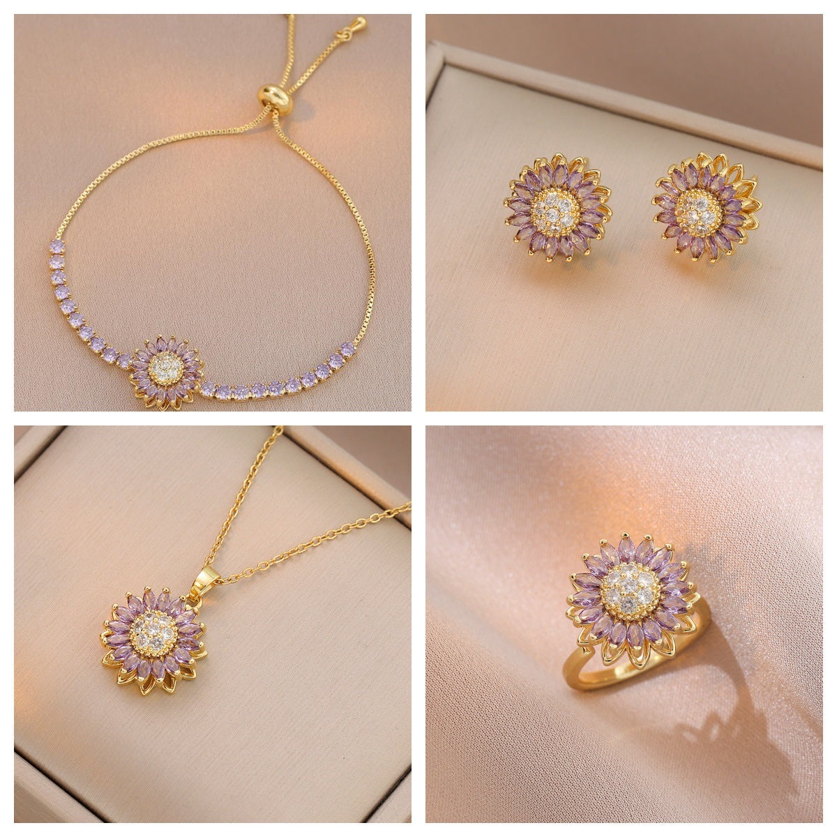 COMBO COLLAR ARETES BRAZALETE FLOR GIRASOL CRISTALES LILA INCRUSTADOS GIRATORIA ANTIESTRÉS MINIMALISTA