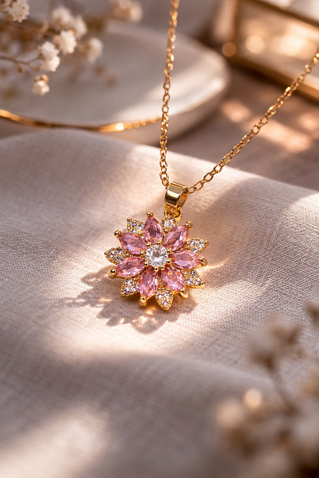 COLLAR FLOR ELEGANTE  ZIRCONIA  CRISTALES INCRUSTADOS