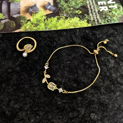 COMBO COLLAR ANILLO Y BRAZALETE TULIPÁN  ELEGANTE CRISTAL DE CIRCONIA