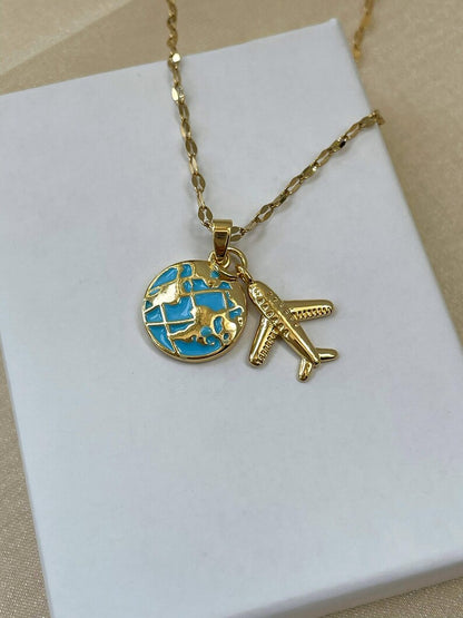 COLLAR LOVE TRAVEL GLOBO TERRÁQUEO DIJE DE AVIÓN ELEGANTE