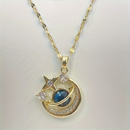 COLLAR SATURNO  ENCERRADO CIELO ESTRELLADO ELEGANTE CRISTALES DE CIRCONIA