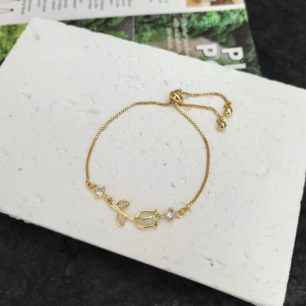 COMBO COLLAR ANILLO Y BRAZALETE TULIPÁN  ELEGANTE CRISTAL DE CIRCONIA