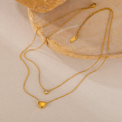 COLLAR DOBLE CAPA CORAZON SOLIDO & CRISTAL MINIMALISTA