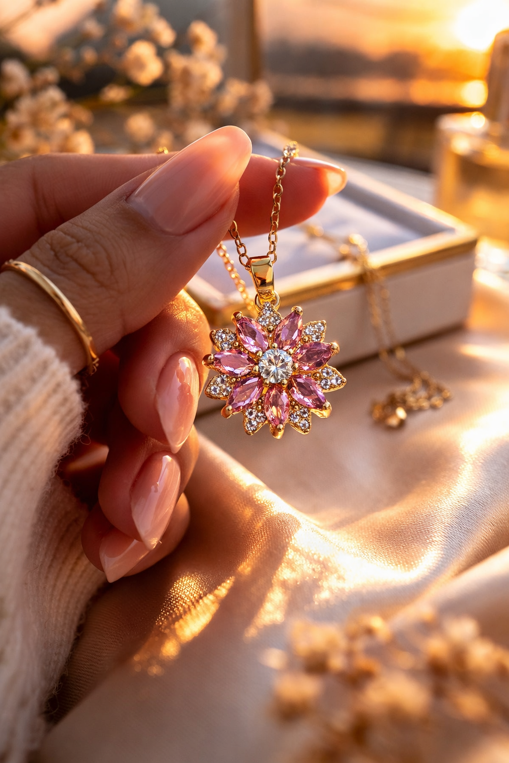 COLLAR FLOR ELEGANTE  ZIRCONIA  CRISTALES INCRUSTADOS