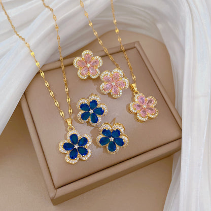 COMBO SET COLLAR FLOR EN CRISTALES FEMENINA  ELEGANTE