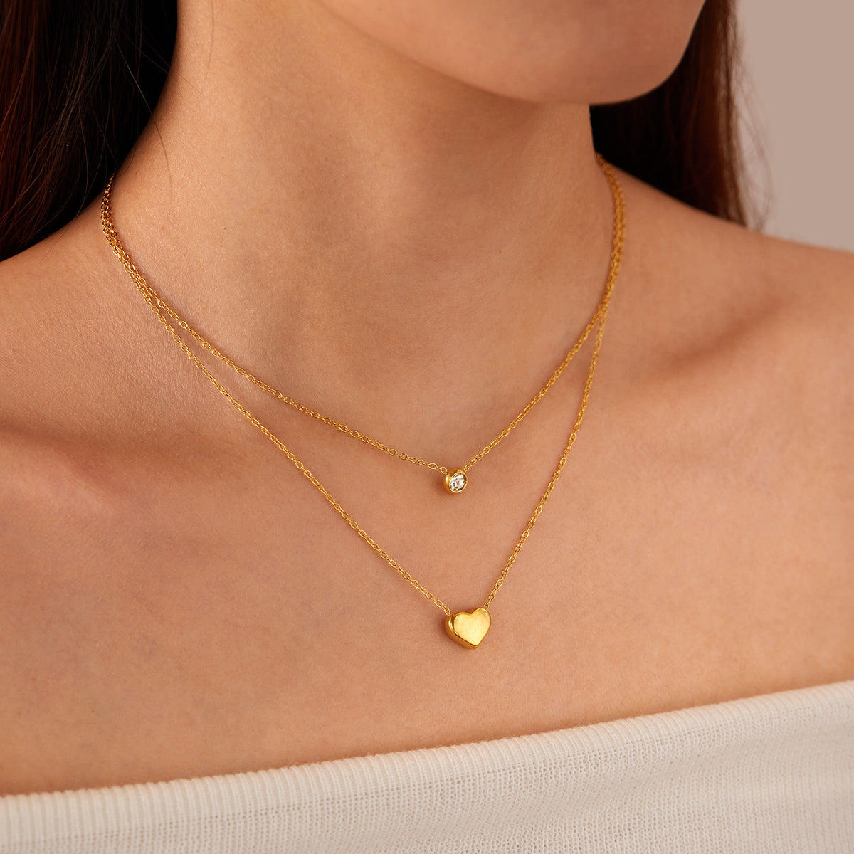 COLLAR DOBLE CAPA CORAZON SOLIDO & CRISTAL MINIMALISTA