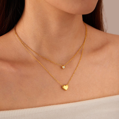 COLLAR DOBLE CAPA CORAZON SOLIDO & CRISTAL MINIMALISTA