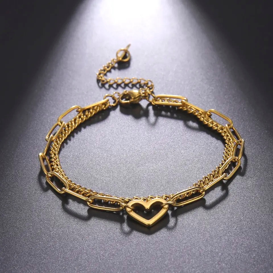 BRAZALETE CORAZÓN HUECO DOBLE CADENA