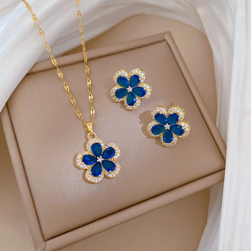 COMBO SET COLLAR FLOR EN CRISTALES FEMENINA  ELEGANTE