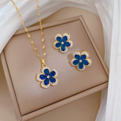 COMBO SET COLLAR FLOR EN CRISTALES FEMENINA  ELEGANTE
