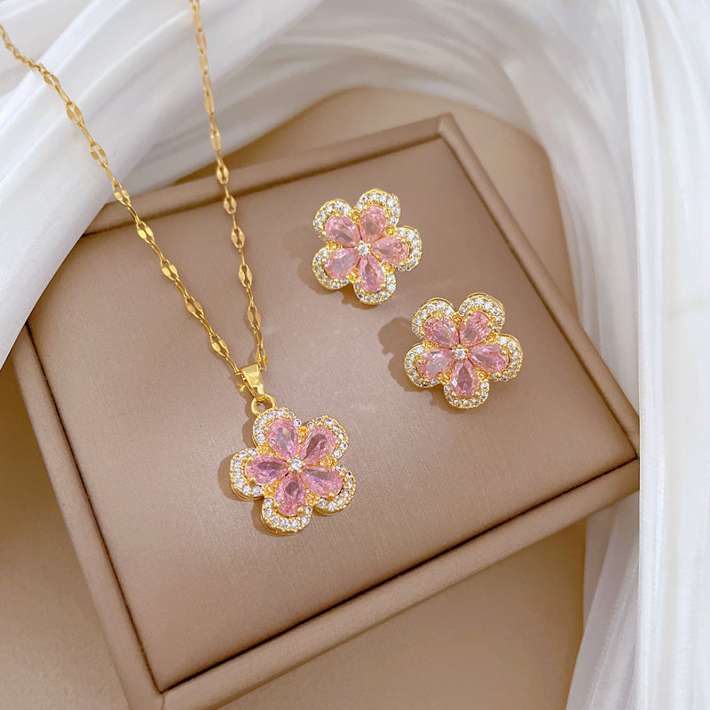 COMBO SET COLLAR FLOR EN CRISTALES FEMENINA  ELEGANTE
